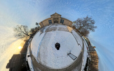 360 Panoramic Image – Cleveland Art Museum and Thinker statue in winter